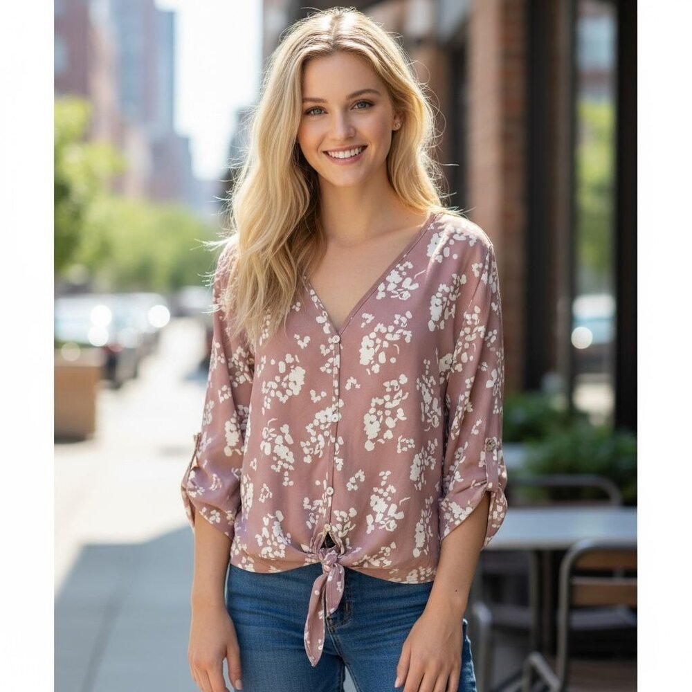 NEW West Kei Womens S Button-Down Blouse  Flowers Print V-Neck Tie Front Boho